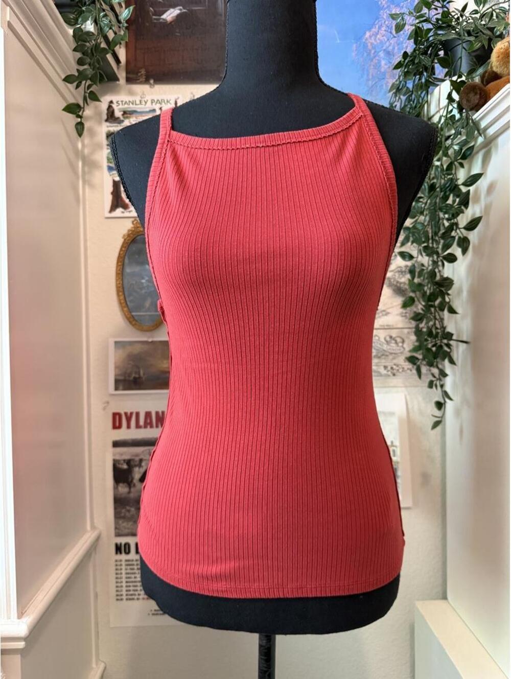 We The Free Red Ribbed Square Neck Cami Tank Top